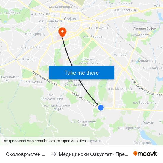 Околовръстен Път / Ring Road (0415) to Медицински Факултет - Предклиничен Университетски Център map