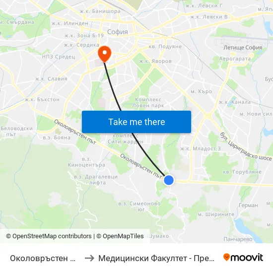 🛍️ Околовръстен Път / Ring Road (0415) to Медицински Факултет - Предклиничен Университетски Център map