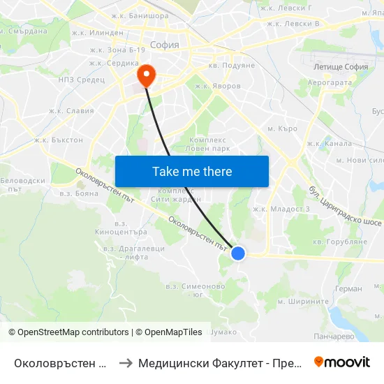 🛍️ Околовръстен Път / Ring Road (0414) to Медицински Факултет - Предклиничен Университетски Център map