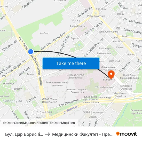 Бул. Цар Борис Ііі / Boris III Blvd. (0389) to Медицински Факултет - Предклиничен Университетски Център map