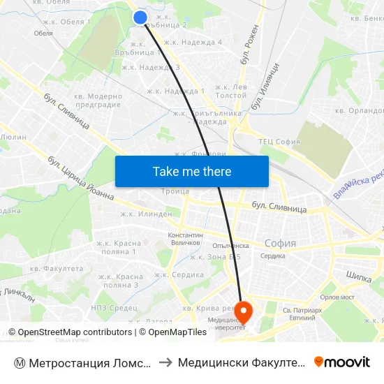 Ⓜ️ Метростанция Ломско Шосе / Lomsko Shose Metro Station (2660) to Медицински Факултет - Предклиничен Университетски Център map