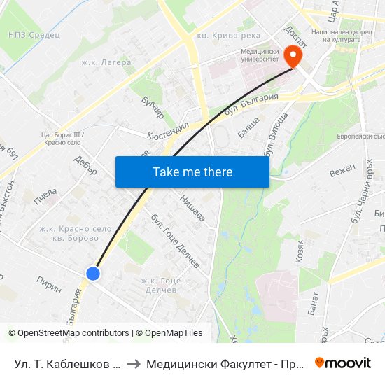 Ул. Т. Каблешков / T. Kableshkov St. (2213) to Медицински Факултет - Предклиничен Университетски Център map