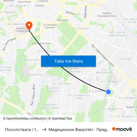 Посолствата / the Embassies (1400) to Медицински Факултет - Предклиничен Университетски Център map