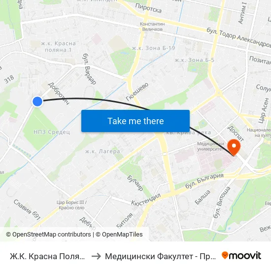 Ж.К. Красна Поляна / Krasna Polyana (0631) to Медицински Факултет - Предклиничен Университетски Център map