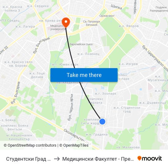 Студентски Град / Students' Town (2381) to Медицински Факултет - Предклиничен Университетски Център map