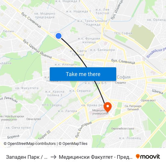 Западен Парк / Zapaden Park (1252) to Медицински Факултет - Предклиничен Университетски Център map