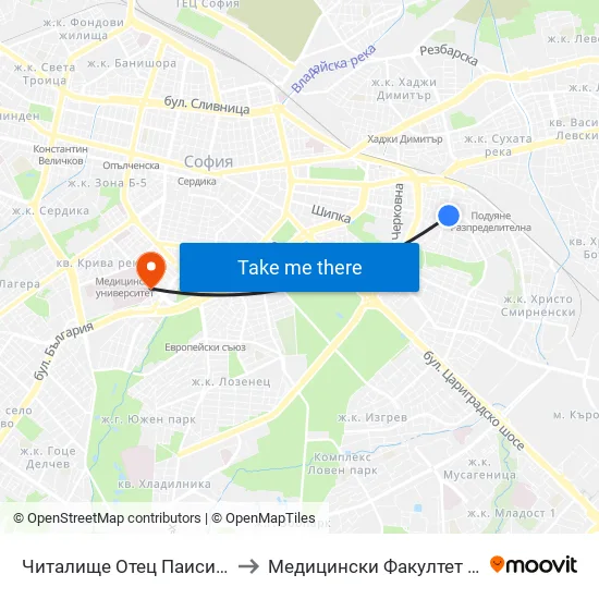 Читалище Отец Паисий / Otets Paisiy Community Centre (2367) to Медицински Факултет - Предклиничен Университетски Център map