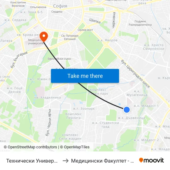 🎓🏥 Технически Университет / Technical University (1740) to Медицински Факултет - Предклиничен Университетски Център map