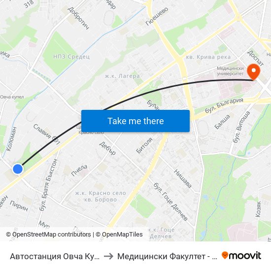 Автостанция Овча Купел / Ovcha Kupel Bus Station (2705) to Медицински Факултет - Предклиничен Университетски Център map