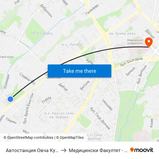 🚌 Автостанция Овча Купел / Ovcha Kupel Bus Station (2705) to Медицински Факултет - Предклиничен Университетски Център map