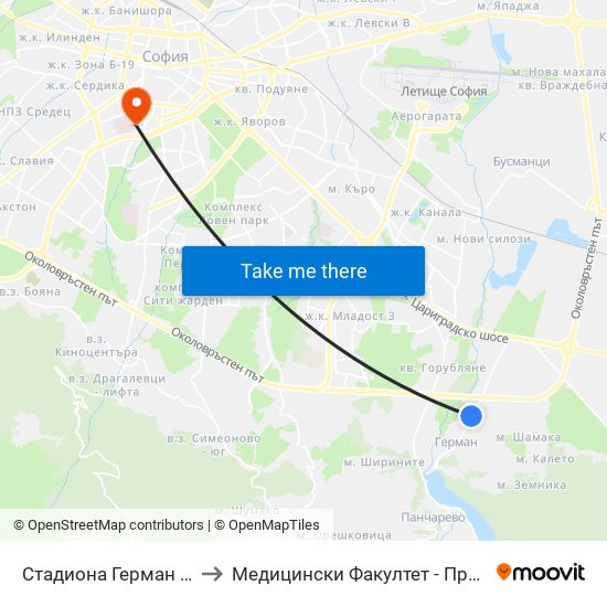 Стадиона Герман / German Stadium (1039) to Медицински Факултет - Предклиничен Университетски Център map