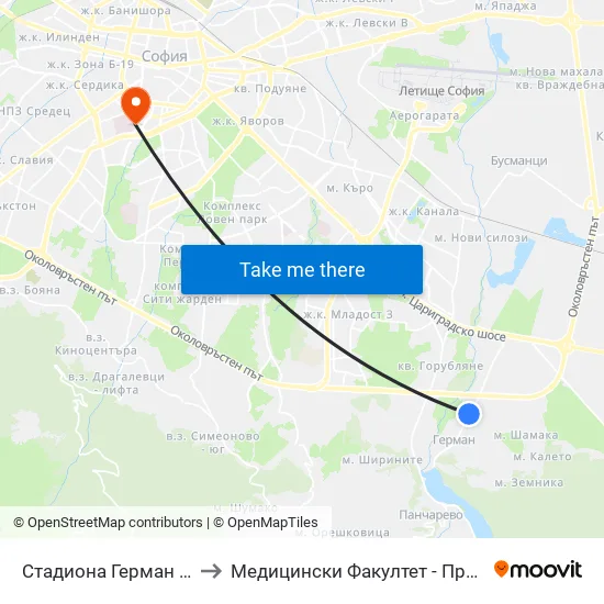 Стадиона Герман / German Stadium (1039) to Медицински Факултет - Предклиничен Университетски Център map