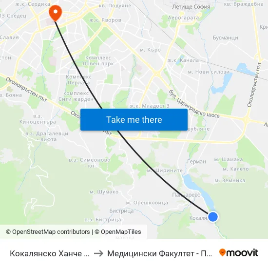 👋 Кокалянско Ханче / Kokalyansko Hanche (0962) to Медицински Факултет - Предклиничен Университетски Център map