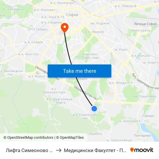 🚠 Лифта Симеоново / Aerial Lift Simeonovo (1011) to Медицински Факултет - Предклиничен Университетски Център map