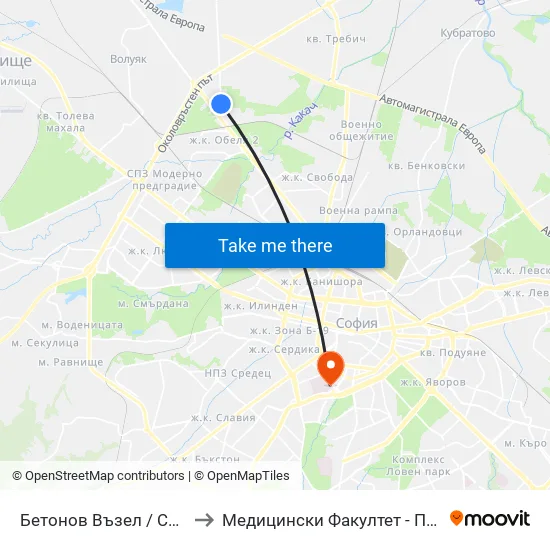 👋 Бетонов Възел / Concrete Production Hub (0114) to Медицински Факултет - Предклиничен Университетски Център map