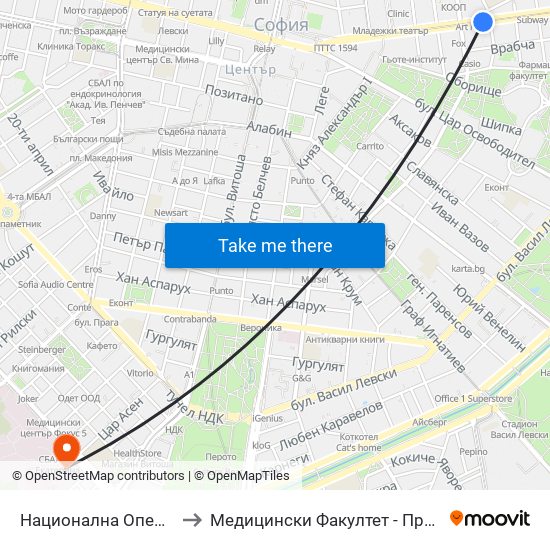Национална Опера / National Opera (1115) to Медицински Факултет - Предклиничен Университетски Център map