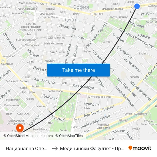 Национална Опера / National Opera (1116) to Медицински Факултет - Предклиничен Университетски Център map
