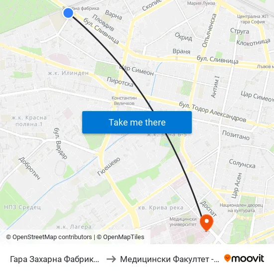 Гара Захарна Фабрика / Zaharna Fabrika Train Station (0622) to Медицински Факултет - Предклиничен Университетски Център map