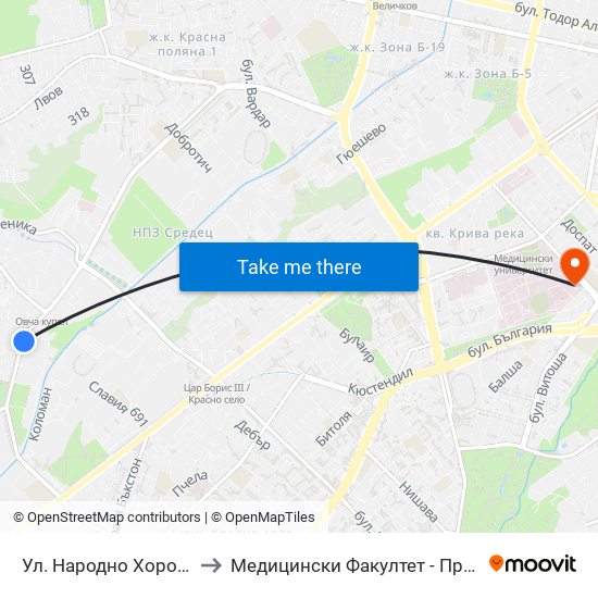 Ул. Народно Хоро / Narodno Horo St. (2057) to Медицински Факултет - Предклиничен Университетски Център map