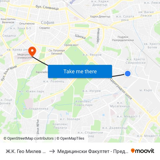 Ж.К. Гео Милев / Geo Milev Qr. (0597) to Медицински Факултет - Предклиничен Университетски Център map