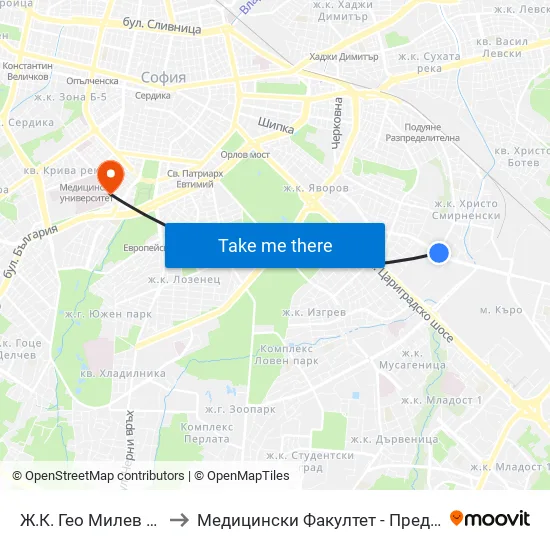 🚌🎓 Ж.К. Гео Милев / Geo Milev Qr. (0597) to Медицински Факултет - Предклиничен Университетски Център map