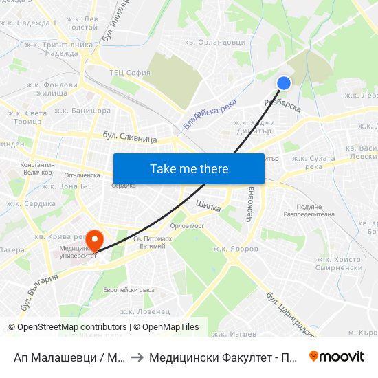 Ап Малашевци / Malashevtsi Bus Depot (0081) to Медицински Факултет - Предклиничен Университетски Център map