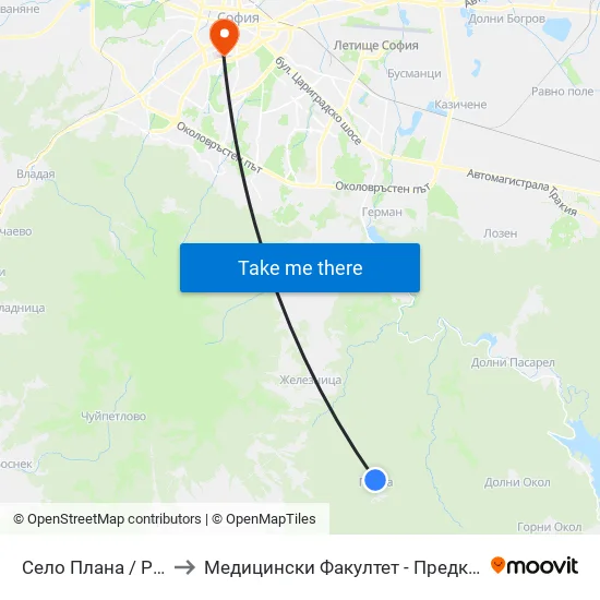 Село Плана / Plana Village (1556) to Медицински Факултет - Предклиничен Университетски Център map