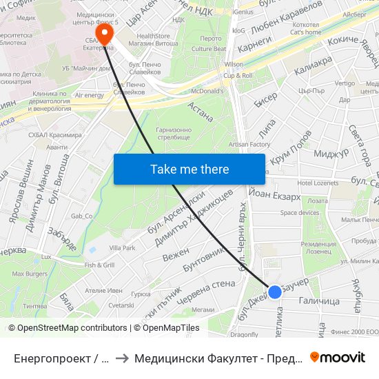 Енергопроект / Energoproekt (0575) to Медицински Факултет - Предклиничен Университетски Център map