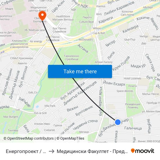 Енергопроект / Energoproekt (0574) to Медицински Факултет - Предклиничен Университетски Център map