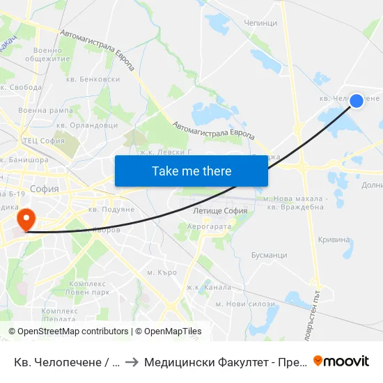 Кв. Челопечене / Chelopechene Qr. (1561) to Медицински Факултет - Предклиничен Университетски Център map