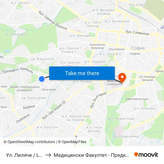 Ул. Лиляче / Lilyache St. (2030) to Медицински Факултет - Предклиничен Университетски Център map