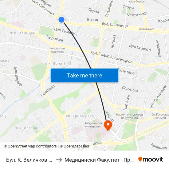 Бул. К. Величков / K. Velichkov Blvd. (0325) to Медицински Факултет - Предклиничен Университетски Център map