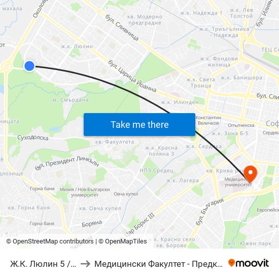 Ж.К. Люлин 5 / Lyulin 5 Qr. (0656) to Медицински Факултет - Предклиничен Университетски Център map