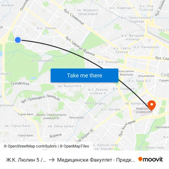 Ж.К. Люлин 5 / Lyulin 5 Qr. (0656) to Медицински Факултет - Предклиничен Университетски Център map