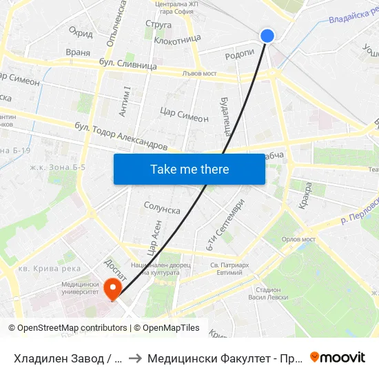 Хладилен Завод / Refrigerator Factory (2312) to Медицински Факултет - Предклиничен Университетски Център map