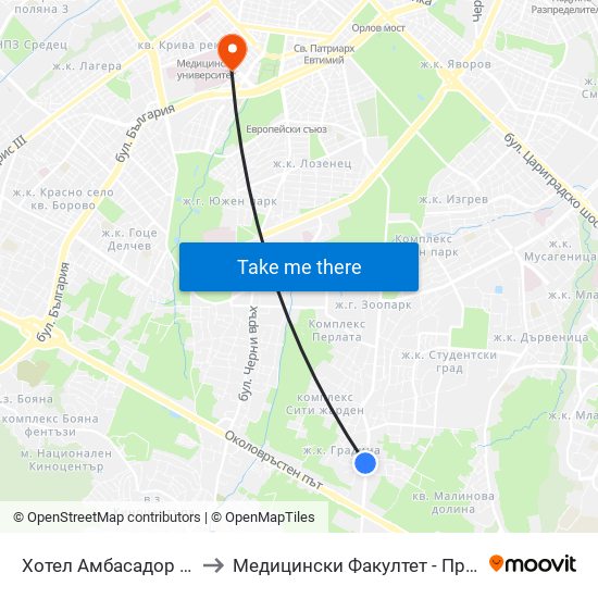 Хотел Амбасадор / Ambassador Hotel (0658) to Медицински Факултет - Предклиничен Университетски Център map