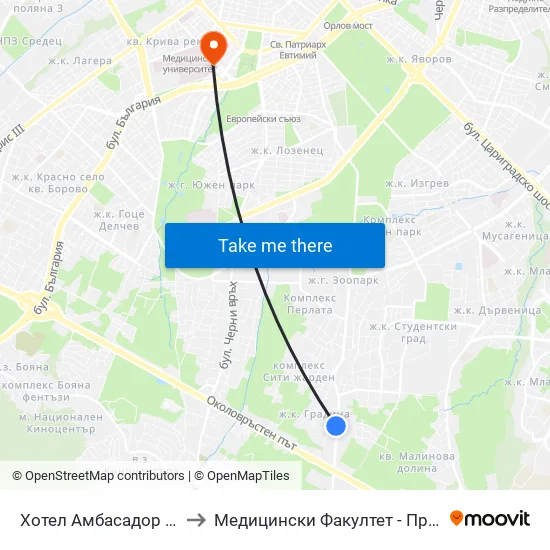 Хотел Амбасадор / Ambassador Hotel (0658) to Медицински Факултет - Предклиничен Университетски Център map
