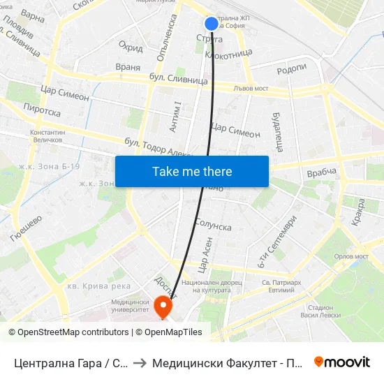 Ⓜ️ Централна Гара / Central Railway Station (1330) to Медицински Факултет - Предклиничен Университетски Център map