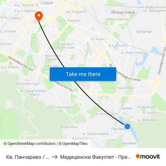 Кв. Панчарево / Pancharevo Qr. (1244) to Медицински Факултет - Предклиничен Университетски Център map