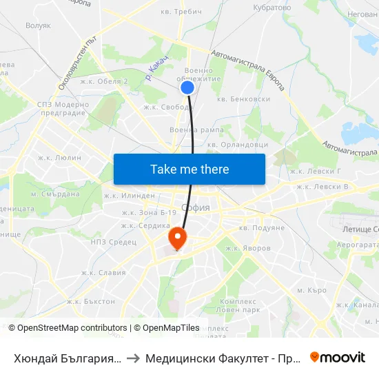 Хюндай България / Hyundai Bulgaria (1635) to Медицински Факултет - Предклиничен Университетски Център map
