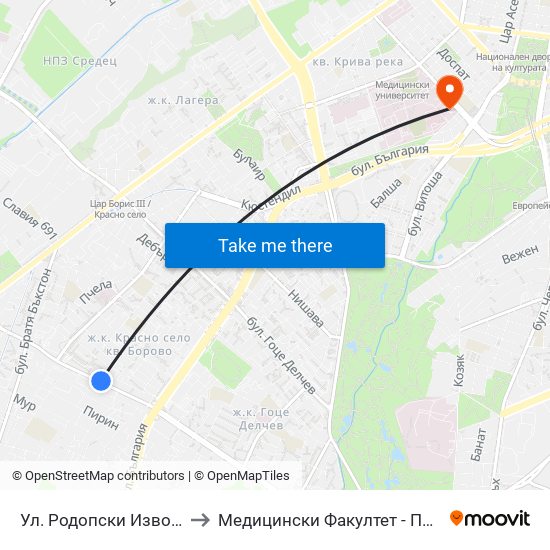 Ул. Родопски Извор / Rodopski Izvor St. (2730) to Медицински Факултет - Предклиничен Университетски Център map