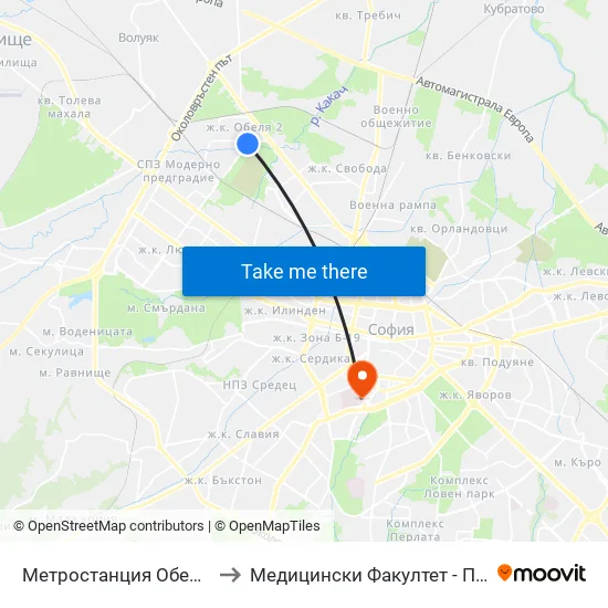 Ⓜ️ Метростанция Обеля / Obelya Metro Station (0060) to Медицински Факултет - Предклиничен Университетски Център map