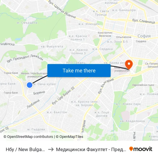 Нбу / New Bulgarian University (0069) to Медицински Факултет - Предклиничен Университетски Център map