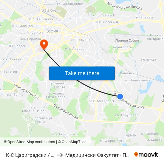 К-С Цариградски / Tsarigradski Complex (2643) to Медицински Факултет - Предклиничен Университетски Център map
