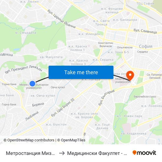 Метростанция Мизия / Moesia Metro Station (0361) to Медицински Факултет - Предклиничен Университетски Център map