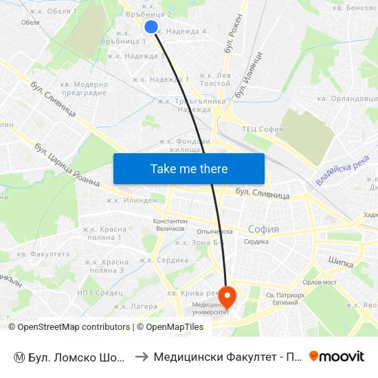 Ⓜ️ Бул. Ломско Шосе / Lomsko Shose Blvd. (0334) to Медицински Факултет - Предклиничен Университетски Център map
