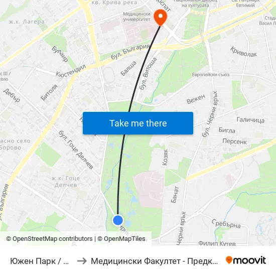 Южен Парк / South Park (0860) to Медицински Факултет - Предклиничен Университетски Център map