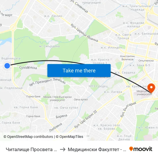 Читалище Просвета / Prosveta Community Centre (0942) to Медицински Факултет - Предклиничен Университетски Център map
