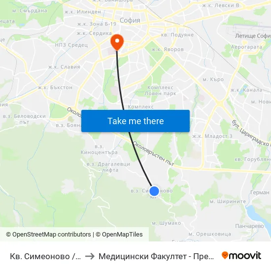 Кв. Симеоново / Simeonovo Qr. (0899) to Медицински Факултет - Предклиничен Университетски Център map