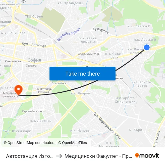 🚌 Автостанция Изток / Iztok Bus Station (2427) to Медицински Факултет - Предклиничен Университетски Център map